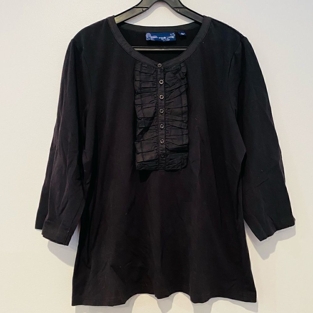 Susan Graver Black 3/4 Sleeve Button Top Blouse Size Large